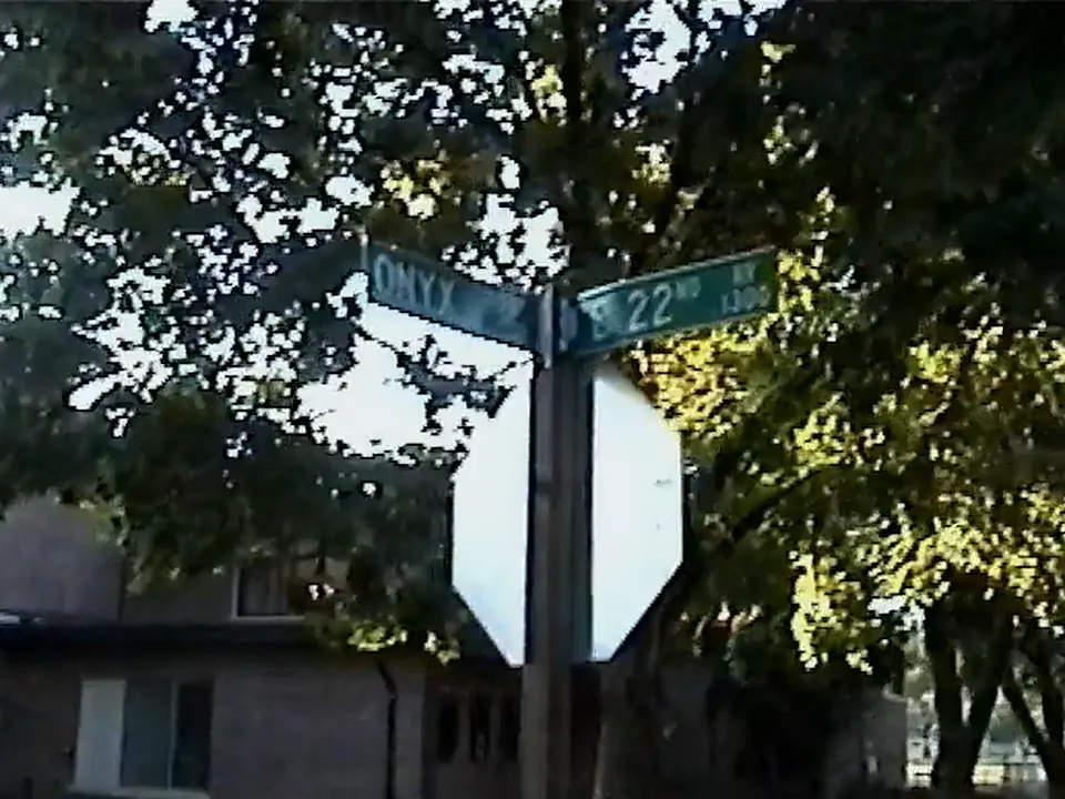 A street corner with a stop sign under the street signs for Onyx and 22nd